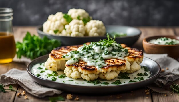 Photo cauliflower steaks with herb sauce and spice plant based meat substitute