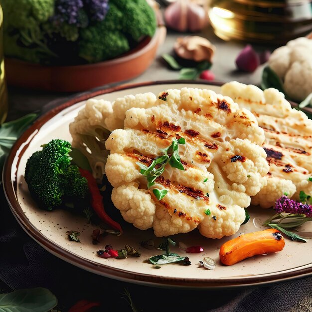 Cauliflower steaks with vegetables and herbs on a plate on the table