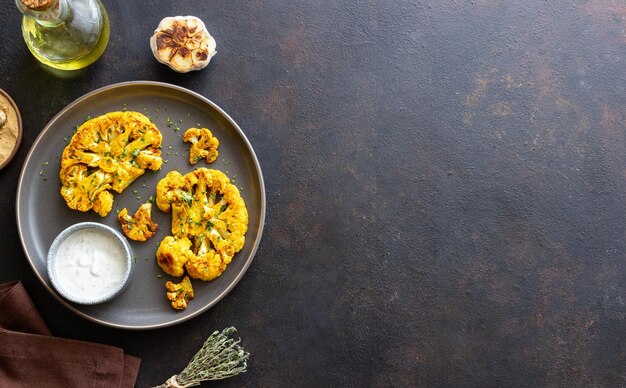 Photo cauliflower steaks with white sauce healthy eating vegetarian food