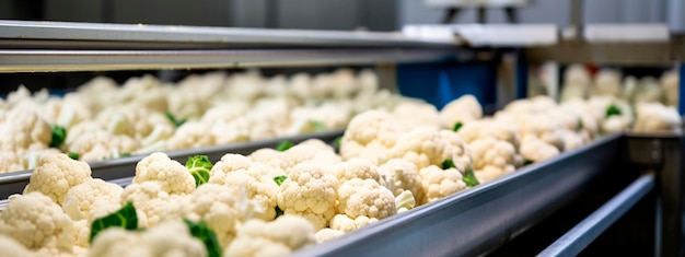 Cauliflower tape in the food industry products ready for automatic packaging Concept with automated food production Generative AI