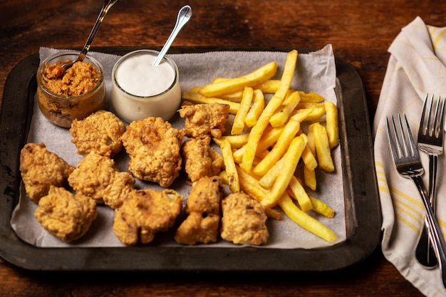 Cauliflower wings food Cauliflower pieces and french fries with vegan sauces Vegetarian food