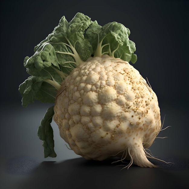 Cauliflower with leaves on a dark background Selective focus