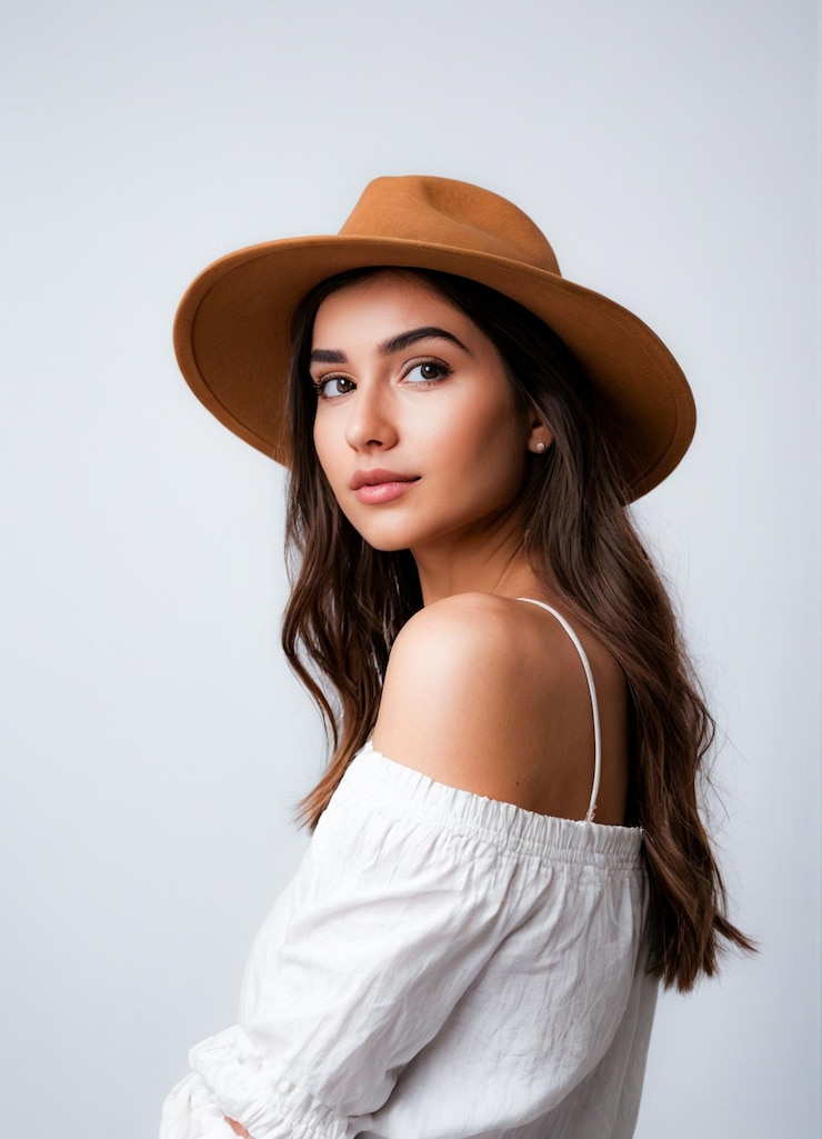 Photo causal female posing in hat isolated on white wall