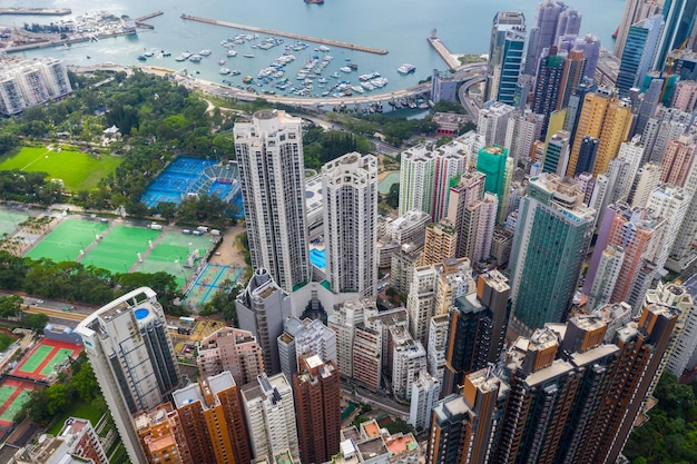 Causeway Bay, Hong Kong 01 juni 2019: bovenaanzicht van de stad Hong Kong
