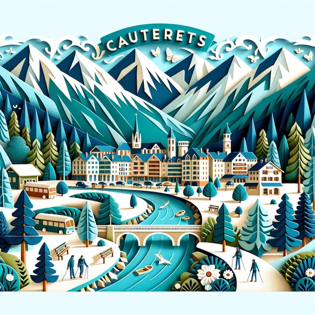 Cauterets Postcard Papercut Picturesque Town in the Mountains