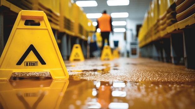 Caution wet floor sign on floor