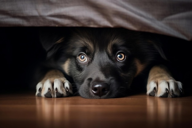 Cautious Canine Dog Hiding Under Bed Generative AI