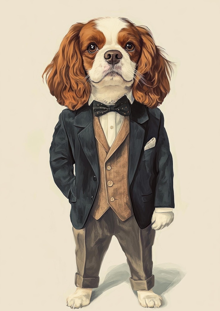 Photo cavalier king charles spaniel dog costumes wearing vintage groom suit animal illustration portrait