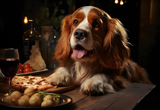 Cavalier King Charles Spaniel dog with dumplings and red wine