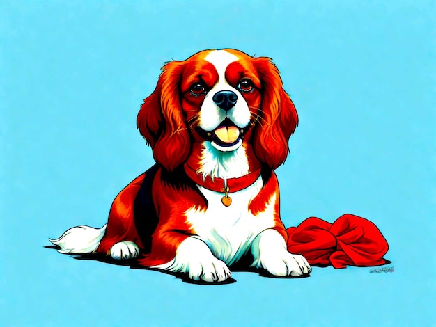 Cavalier King Charles Spaniel hond met scherpe blauwe contouren lui zitten op de vloer