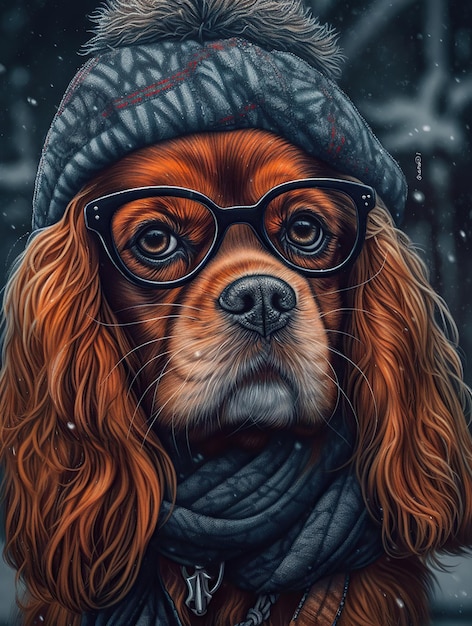 Cavalier King Charles Spaniel met bril in winterse kleding en een beanie Generative Ai