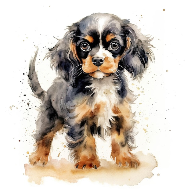 Cavalier king charles spaniel puppy Stylized watercolour digital illustration of a cute dog