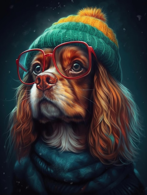 Cavalier King Charles Spaniel with glasses in wintery clothing and a beanie Generative Ai