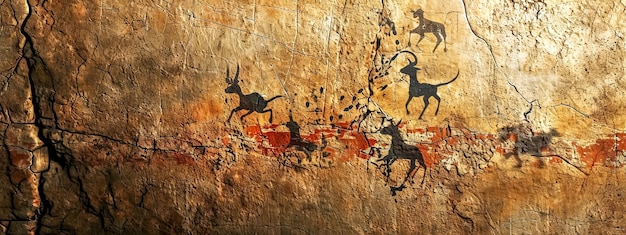 Cave art with black silhouetted figures of animals on a crackled earthen background creating a