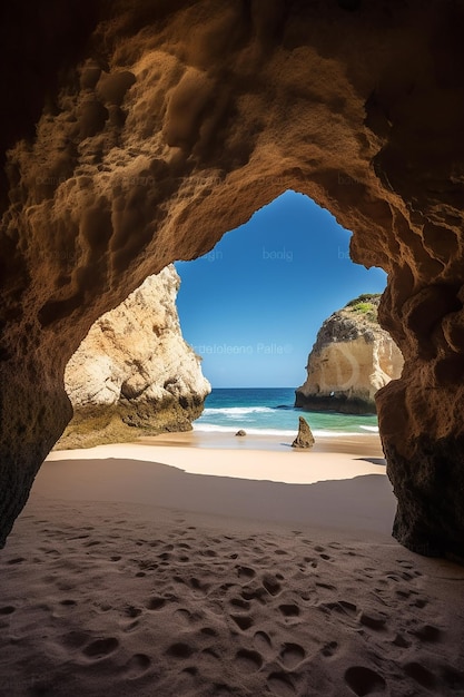 A cave on the beach with the ocean in the background