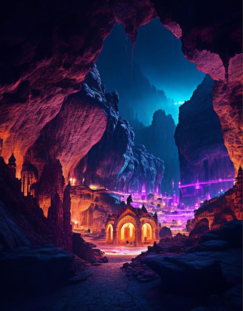 A cave city Beautiful Patterns Arcane Archaic Fantasy People Colourful Night 8k High quali