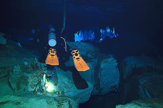 cave diving, diver underwater, dark cave, cavern landscape