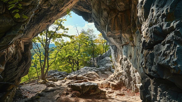 Photo cave entrance with beautiful green forest landscape outside