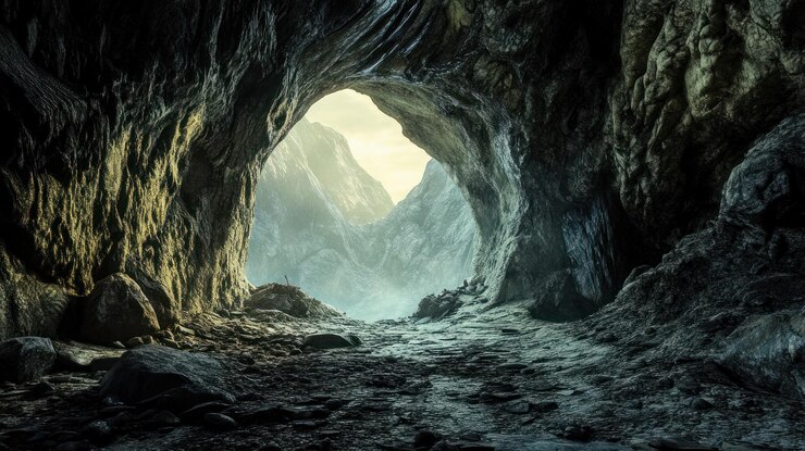 Photo cave entrance with mountain view