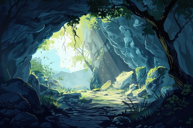cave entrance with trees and plants