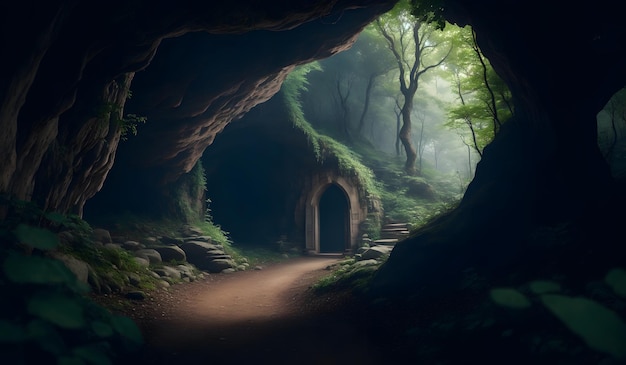 Cave in fantasy forest background Generative AI