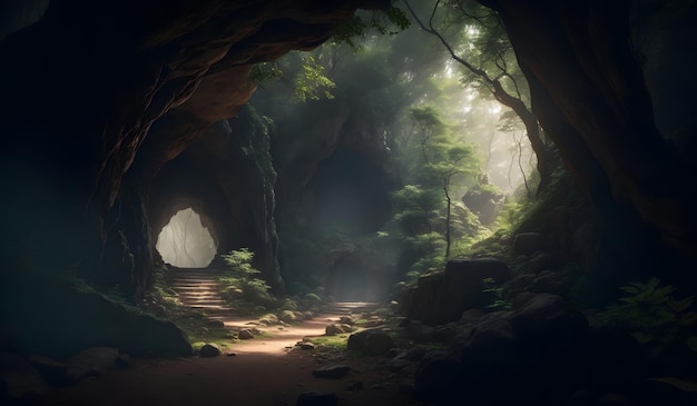 Cave in fantasy forest background Generative AI