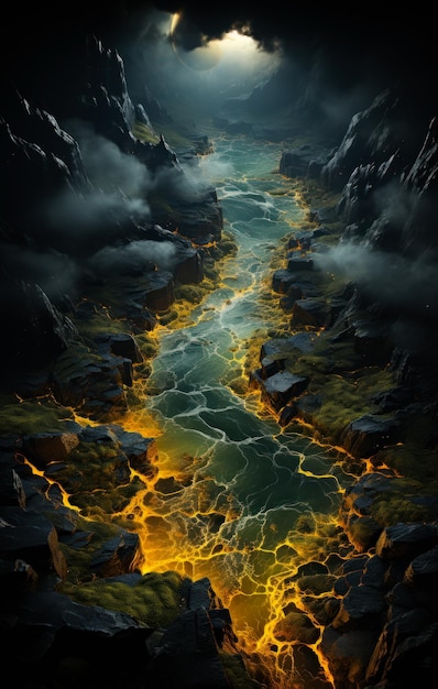 Cave glowing water illustration Dark wallpaper of nature scenery Generative AI