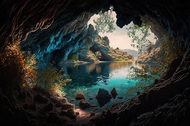 Cave landscape with beautiful lake and colorful vegetation AI