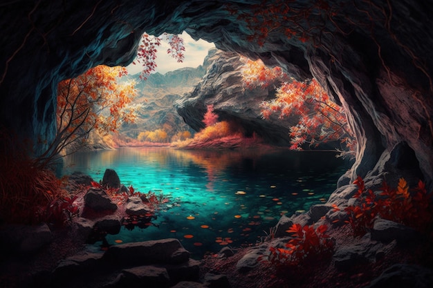 Cave landscape with beautiful lake and colorful vegetation AI