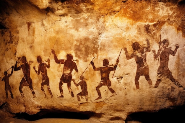 a cave painting of people holding sticks