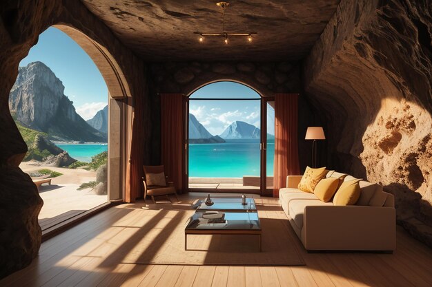 Cave stone roof original ecological theme hotel housing sea view villa room blue sea view