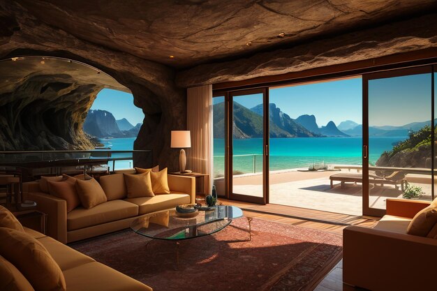 Cave stone roof original ecological theme hotel housing sea view villa room blue sea view