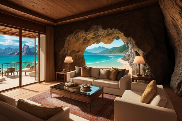 Cave stone roof original ecological theme hotel housing sea view villa room blue sea view