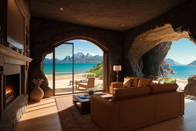 Photo cave stone roof original ecological theme hotel housing sea view villa room blue sea view