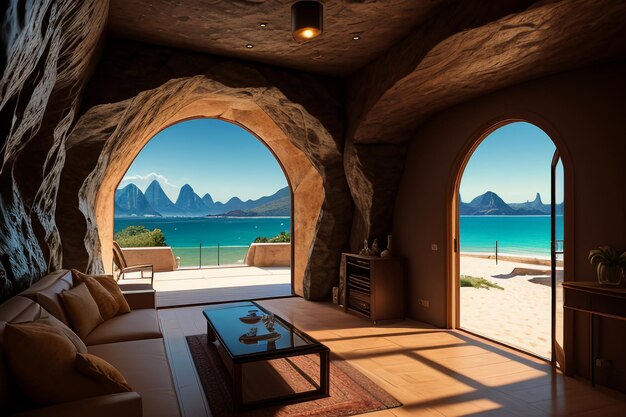 Cave stone roof original ecological theme hotel housing sea view villa room blue sea view
