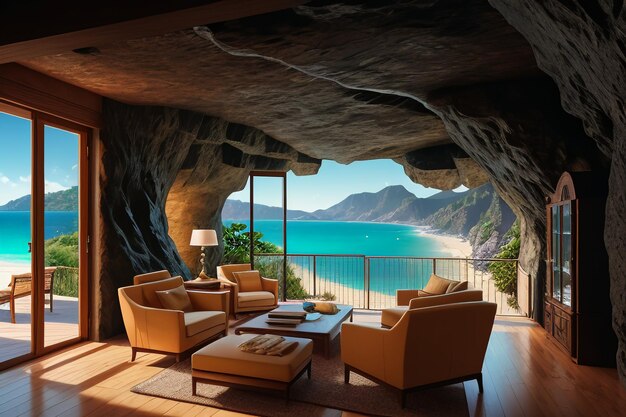 Cave stone roof original ecological theme hotel housing sea view villa room blue sea view