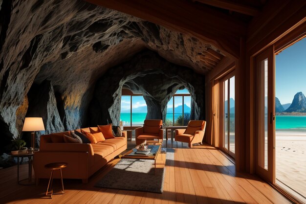 Cave stone roof original ecological theme hotel housing sea view villa room blue sea view