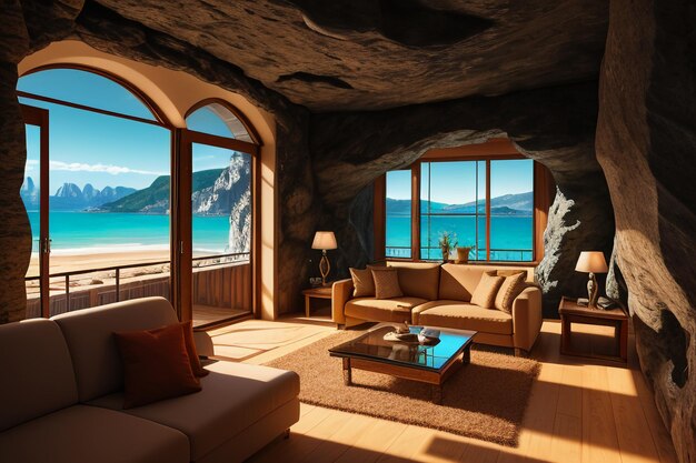 Cave stone roof original ecological theme hotel housing sea view villa room blue sea view