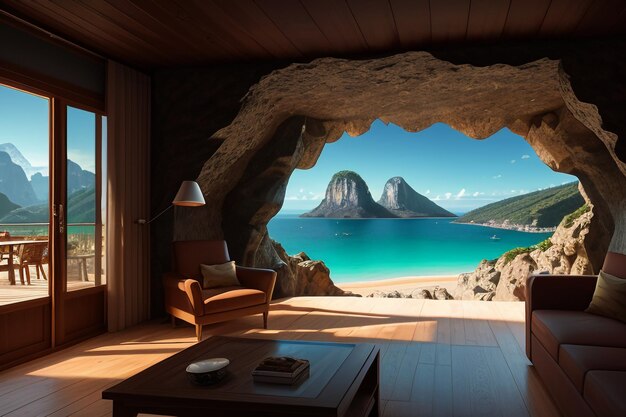 Cave stone roof original ecological theme hotel housing sea view villa room blue sea view