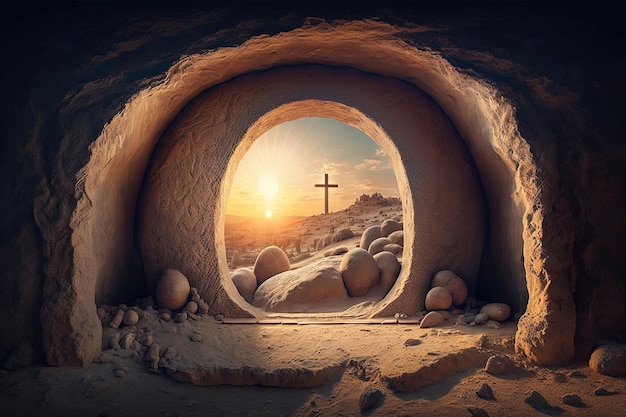 イエス・キリストが埋葬されたと信じられている洞窟 洞窟は薄暗い照明で、荒い石を削って見える ジェネレーティブ AI