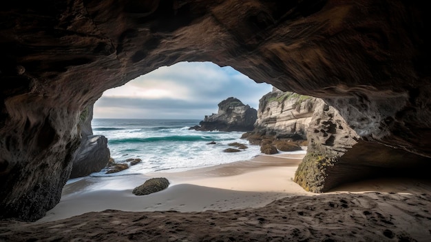 A cave with a beach and ocean in the background