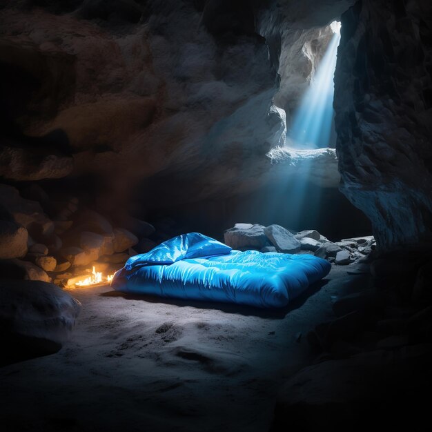 A cave with a blue blanket and a light shining through it.