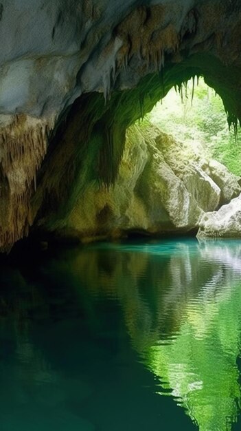 A cave with a blue cave in the middle