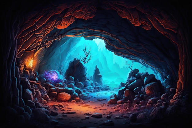 A cave with a blue light and a blue light