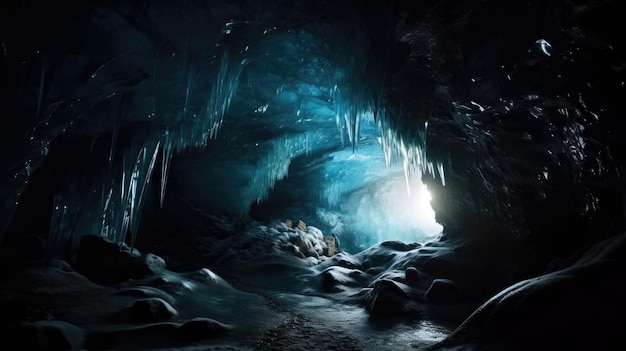 A cave with a blue light and a light that is lit up.