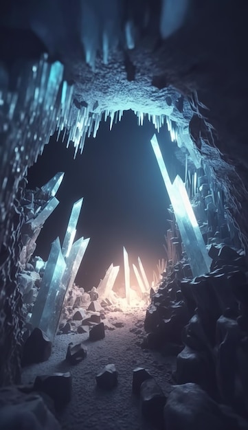 A cave with a blue light and a white light