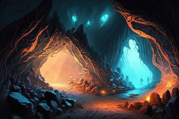 A cave with a blue and orange light