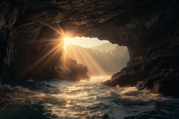 A cave with a boat in the water