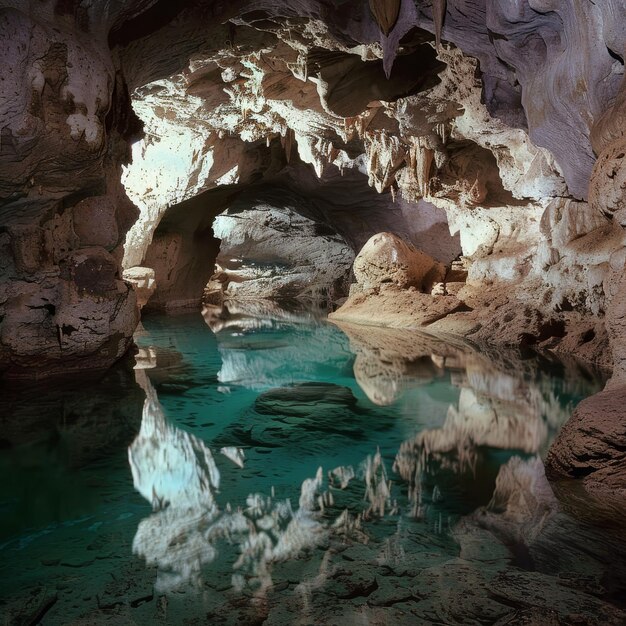 a cave with a body of water