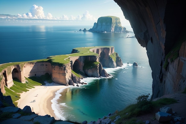 A cave with a cliff and a beach in the background